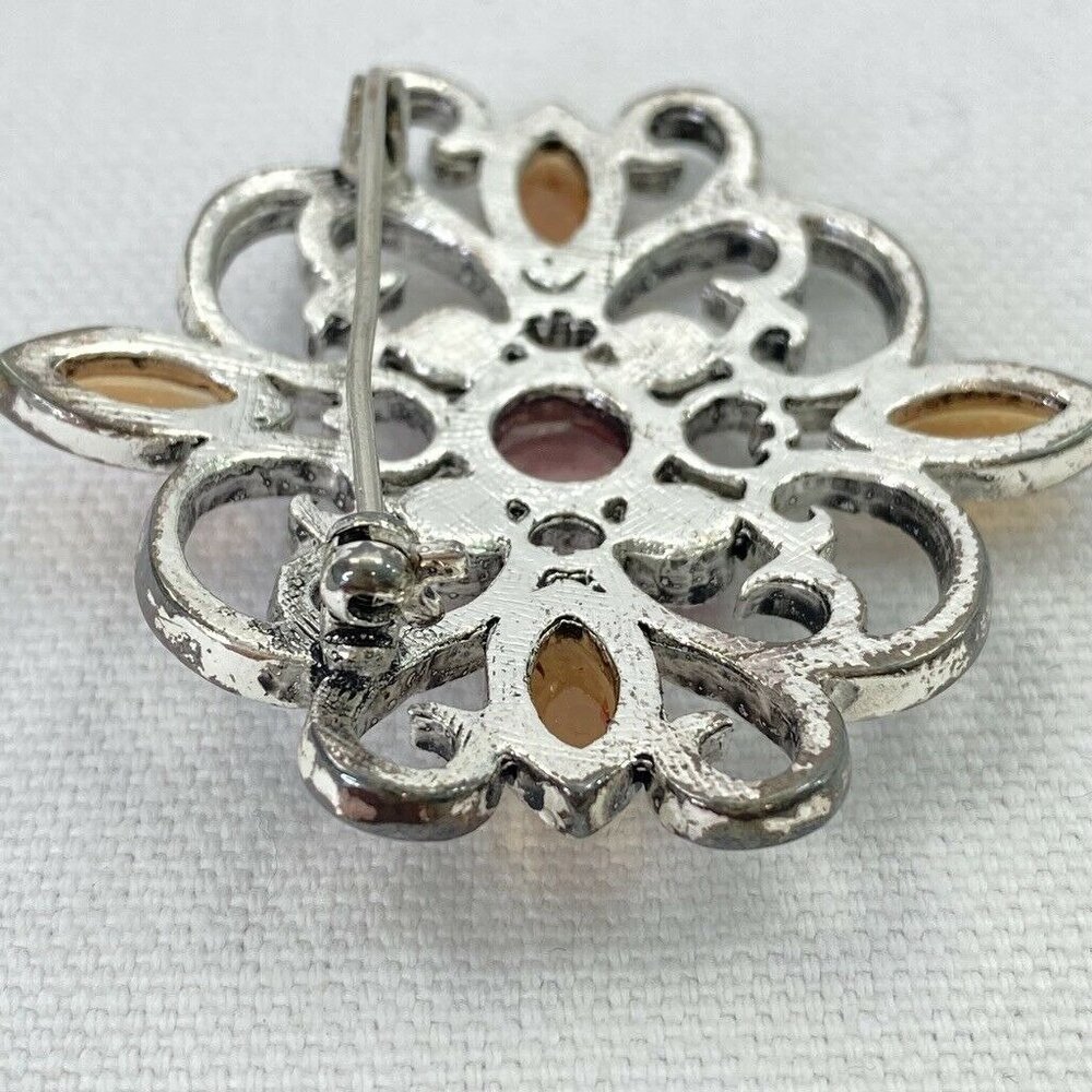 Brooch Pin Fashion Jewelry Rhinestones Amber Pink Silver Tone - Picture 5 of 9